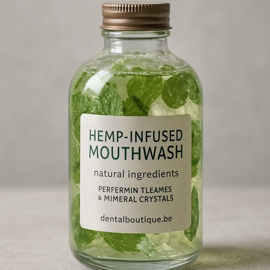 A close‑up of a glass bottle of hemp‑infused mouthwash swirling with peppermint leaves and mineral crystals. Alt: hemp mouthwash natural ingredients.