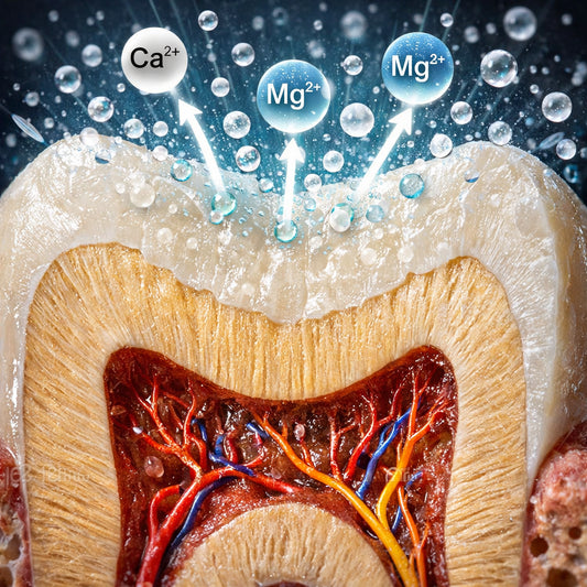 A photorealistic close-up of a tooth cross-section showing enamel, dentin, and nerve endings with mineral ions (calcium, magnesium) flowing into the enamel surface. Alt: Microscopic view of tooth enamel remineralization with Dead Sea minerals