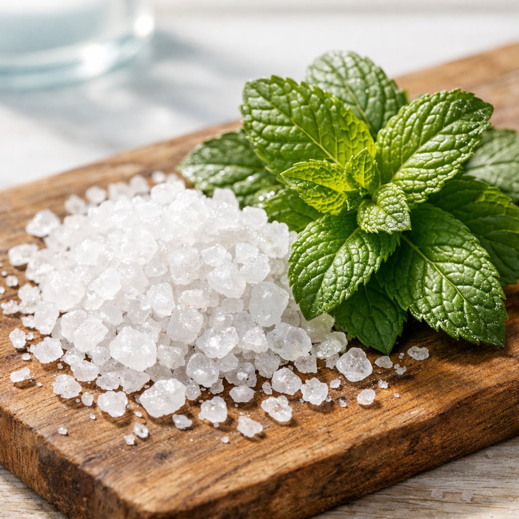 A realistic close‑up of natural Dead Sea salt crystals and fresh mint leaves on a wooden board, bright natural lighting, alt: dead sea mineral toothpaste ingredients