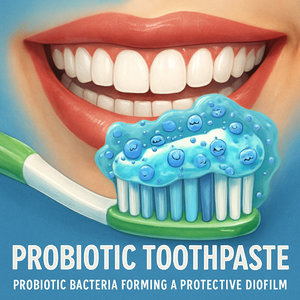 A vibrant illustration of a toothbrush brushing a smiling mouth, highlighting probiotic bacteria forming a protective biofilm. Alt: Probiotic toothpaste illustration