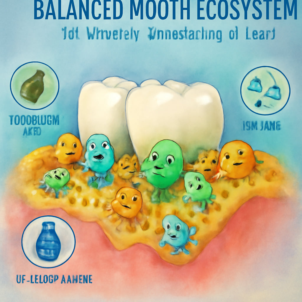 A vibrant illustration of a balanced mouth ecosystem with friendly bacteria and plaque, highlighting essential oils, xylitol, and chlorhexidine. Alt: balanced oral flora illustration.