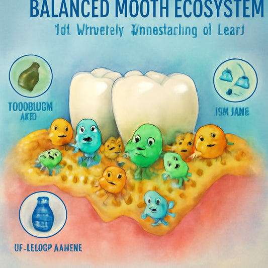 A vibrant illustration of a balanced mouth ecosystem with friendly bacteria and plaque, highlighting essential oils, xylitol, and chlorhexidine. Alt: balanced oral flora illustration.