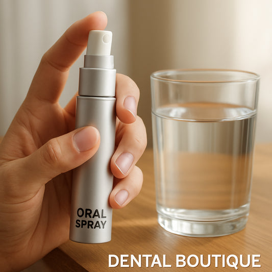 A close‑up of a hand holding a sleek oral spray bottle beside a glass of water on a wooden table, bright natural lighting, Alt: oral spray for bad breath freshening routine
