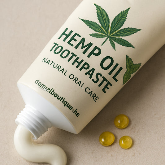 A close-up of a toothpaste tube with hemp seed oil droplets and a hint of peppermint, showing the natural texture and the product label. Alt: hemp oil toothpaste natural oral care