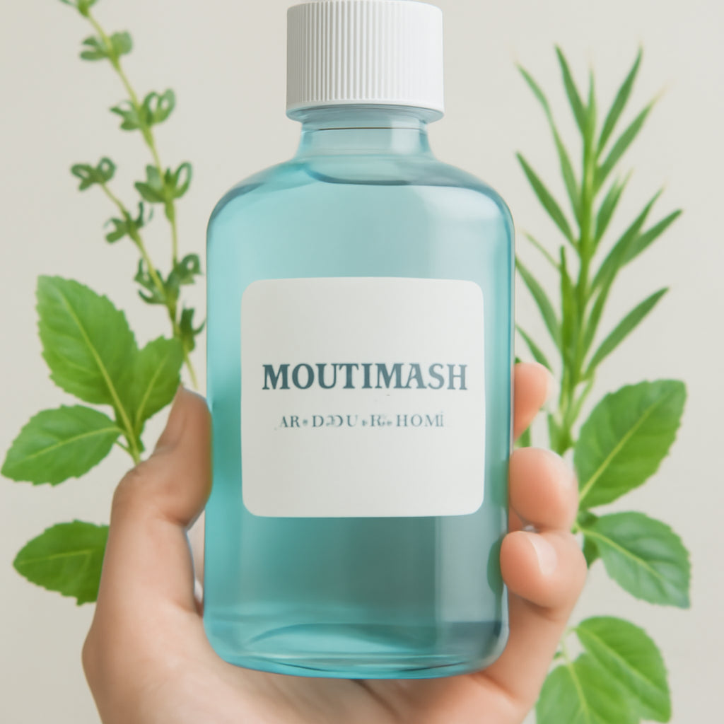 A calm, close‑up of a mouthwash bottle with a soft, blue liquid, a gentle hand holding it, surrounded by fresh herbs. Alt: Soft‑colored mouthwash bottle with herbs for sensitive gums.