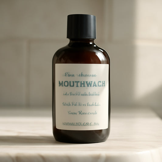 A close‑up of a sleek bottle of CBD‑infused mouthwash on a marble bathroom counter, with a soft natural light highlighting the label. Alt: Plaque removing mouthwash with CBD and Dead Sea minerals for healthy gums.
