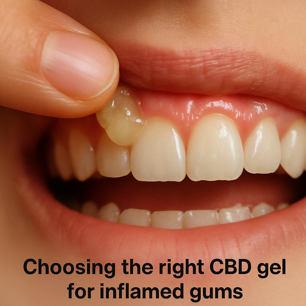 A close‑up of a hand applying a pea‑sized dab of CBD gel to a swollen gum line, soft natural lighting, focus on the gel texture and healthy pink gum tissue. Alt: Choosing the right CBD mondgel for inflamed gums