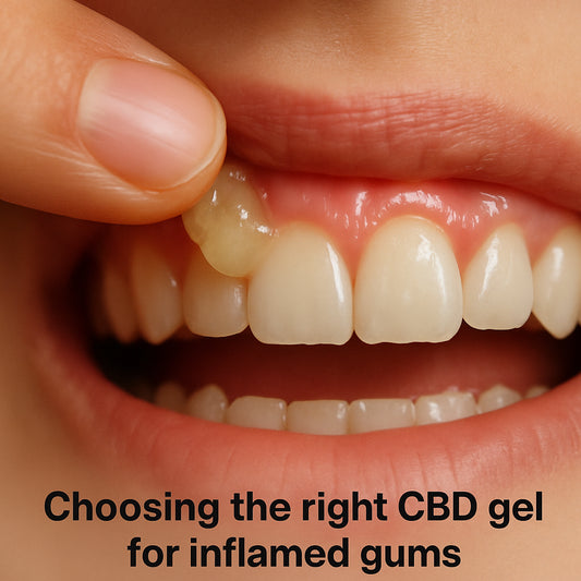A close‑up of a hand applying a pea‑sized dab of CBD gel to a swollen gum line, soft natural lighting, focus on the gel texture and healthy pink gum tissue. Alt: Choosing the right CBD mondgel for inflamed gums
