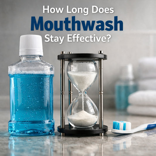 A photorealistic image related to how-long-does-mouthwash-stay-effective. Alt: how-long-does-mouthwash-stay-effective