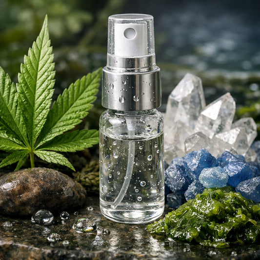 A realistic close‑up of a clear glass vial with droplets of liquid, surrounded by natural ingredients like hemp leaf, mineral crystals, and algae, representing potency and dosage. Alt: CBD oral spray potency illustration