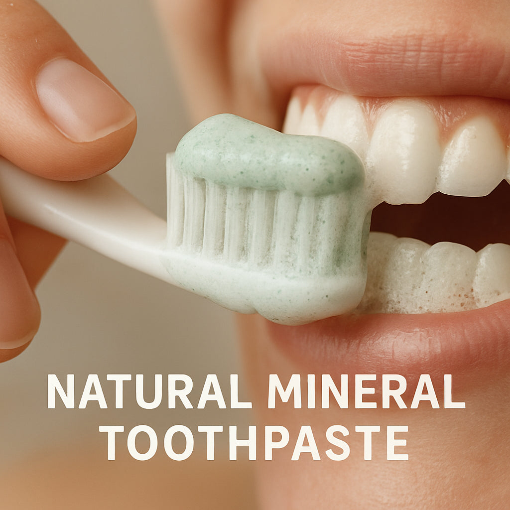 A close‑up of a hand brushing teeth with a natural mineral toothpaste, showing soft bristles and a minty foam. Alt: Natural mineral toothpaste brushing plaque removal