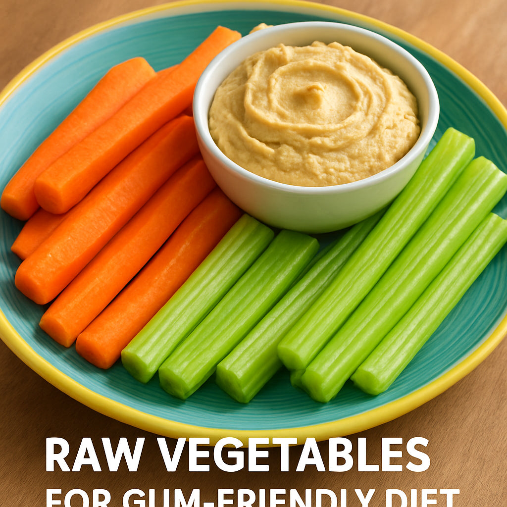 A photorealistic close‑up of a colourful plate with raw carrots, celery sticks, and a small bowl of hummus, bright natural lighting, realistic style, emphasising fresh vegetables for gum health. Alt: Raw vegetables for gum‑friendly diet