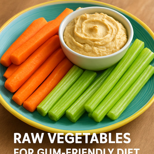 A photorealistic close‑up of a colourful plate with raw carrots, celery sticks, and a small bowl of hummus, bright natural lighting, realistic style, emphasising fresh vegetables for gum health. Alt: Raw vegetables for gum‑friendly diet
