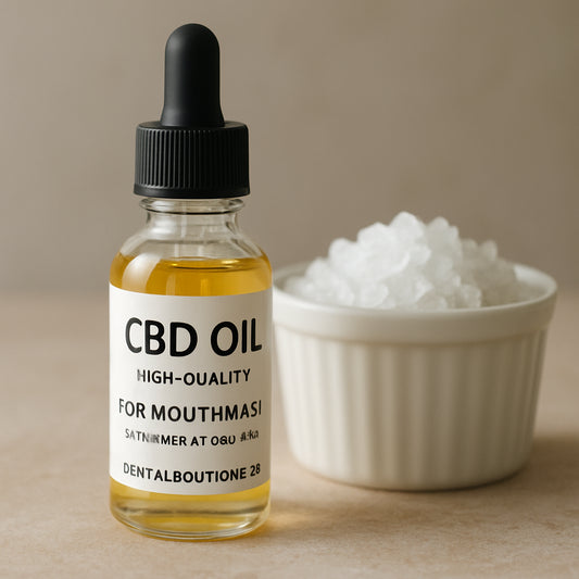A close‑up of a clear glass bottle of high‑quality CBD oil next to a small ramekin of Dead Sea salt crystals, with a soft, natural lighting. Alt: High‑quality CBD oil for mouthwash with mineral additives