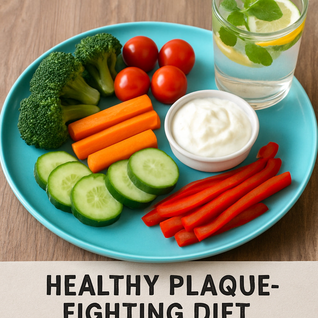 A bright, colorful plate featuring raw vegetables, a glass of infused water, and a small bowl of probiotic yogurt. Alt: Healthy plaque‑fighting diet plate with fiber‑rich foods and alkaline drinks