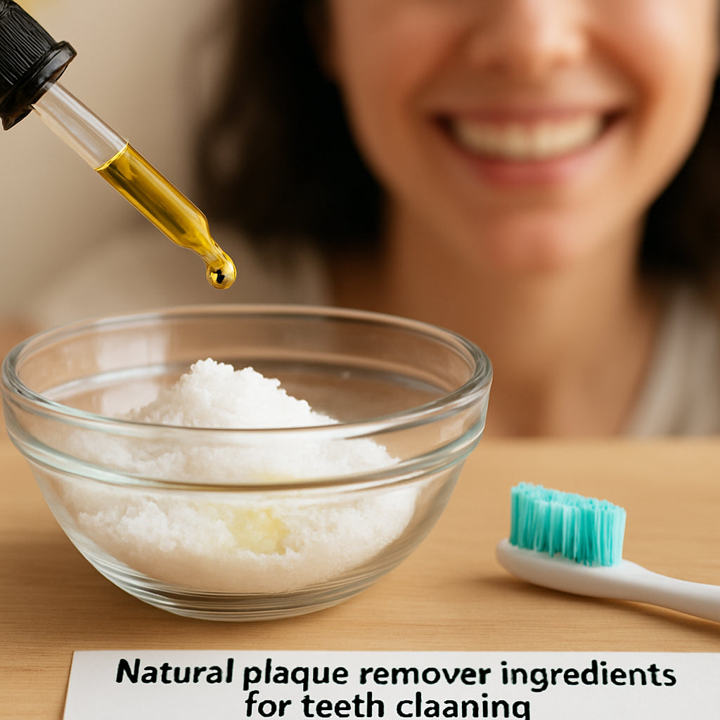 A close‑up of a clear glass bowl containing a mixture of sea salt, baking soda, and a few drops of CBD oil, with a toothbrush and a smiling person in the background. Alt: natural plaque remover ingredients for teeth cleaning