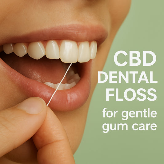 Close‑up of a hand holding a strand of CBD‑infused dental floss between teeth, soft green background. Alt: CBD dental floss for gentle gum care