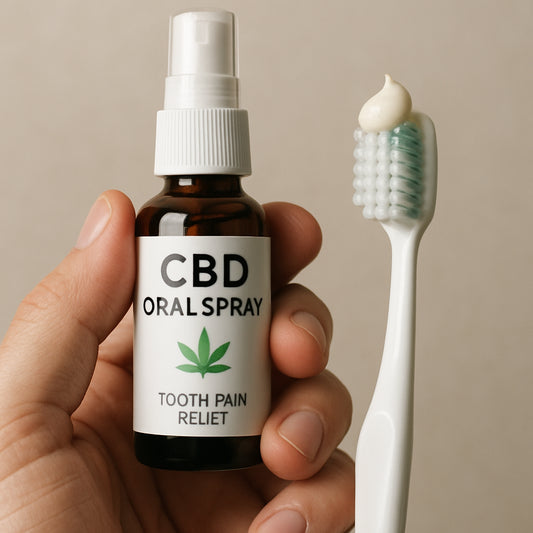 A close‑up of a hand holding a CBD oral spray bottle next to a toothbrush with a dab of CBD toothpaste on the bristles. Alt: CBD oral spray and toothpaste for tooth pain relief