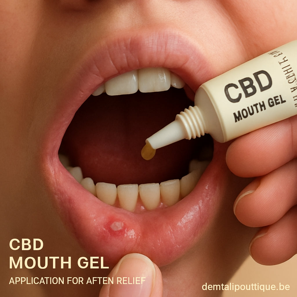 A close‑up of a hand applying a pea‑sized dab of CBD gel to a canker sore inside the mouth. Alt: CBD mouth gel application for aften relief.