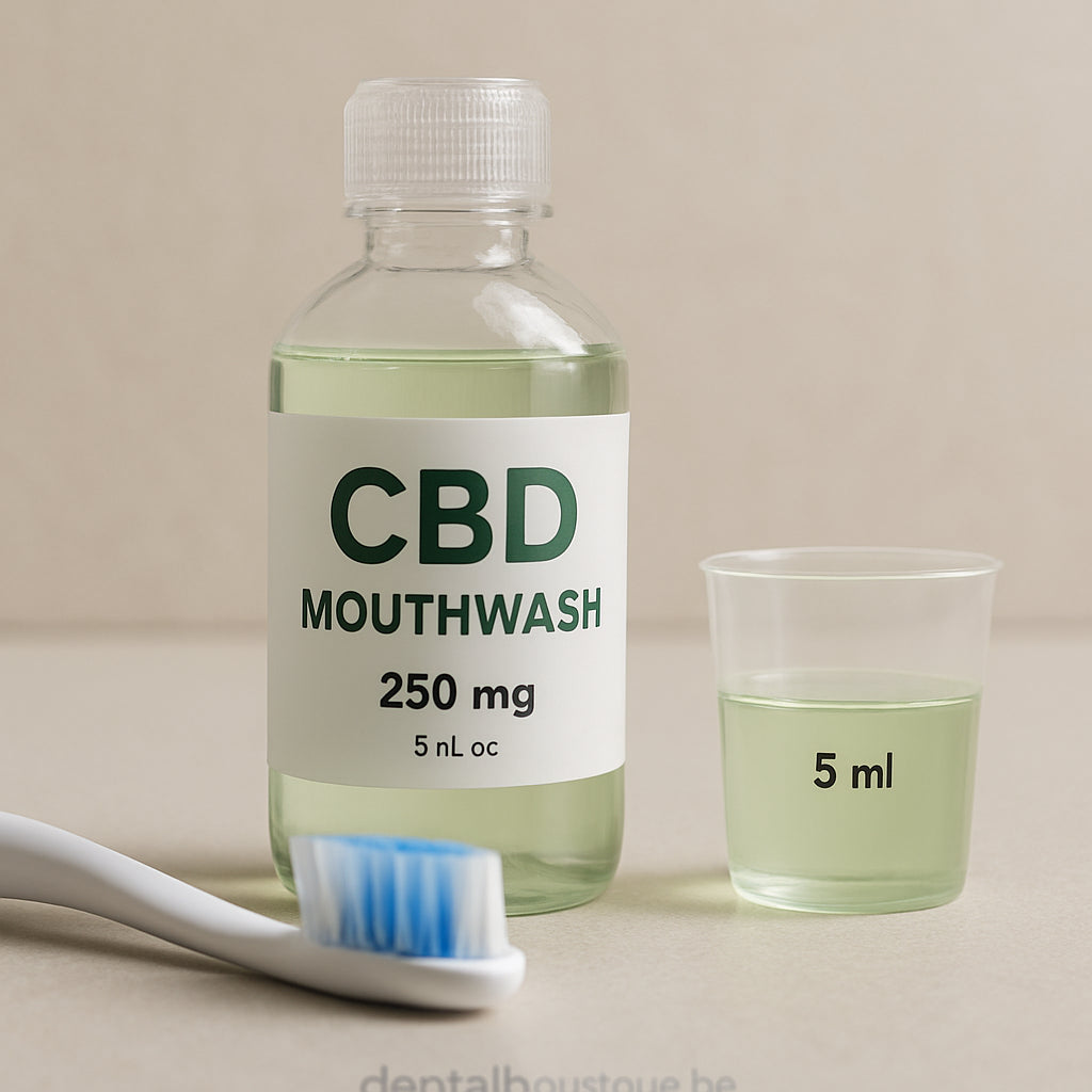 Close-up of a clear bottle of CBD mouthwash next to a toothbrush, showing a measuring cup with 5ml of liquid. Alt: CBD mouthwash preparation for inflamed gums.