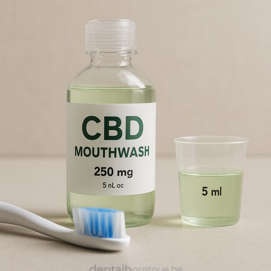 Close-up of a clear bottle of CBD mouthwash next to a toothbrush, showing a measuring cup with 5ml of liquid. Alt: CBD mouthwash preparation for inflamed gums.