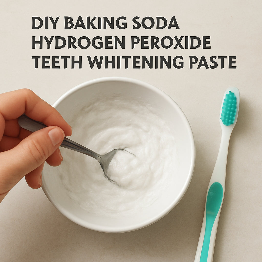 A close‑up of a hand mixing baking soda and hydrogen peroxide into a paste on a white ceramic bowl, with a toothbrush nearby. Alt: DIY baking soda hydrogen peroxide teeth whitening paste