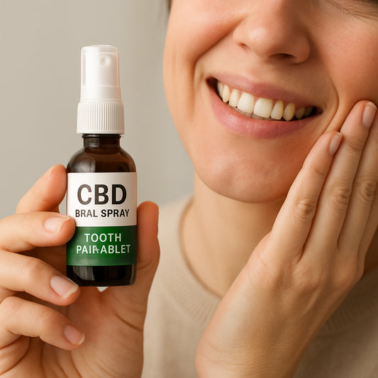 A close‑up of a hand holding a CBD oral spray bottle next to a smiling person gently touching their cheek, indicating relief from tooth pain. Alt: CBD oral spray for tooth pain relief