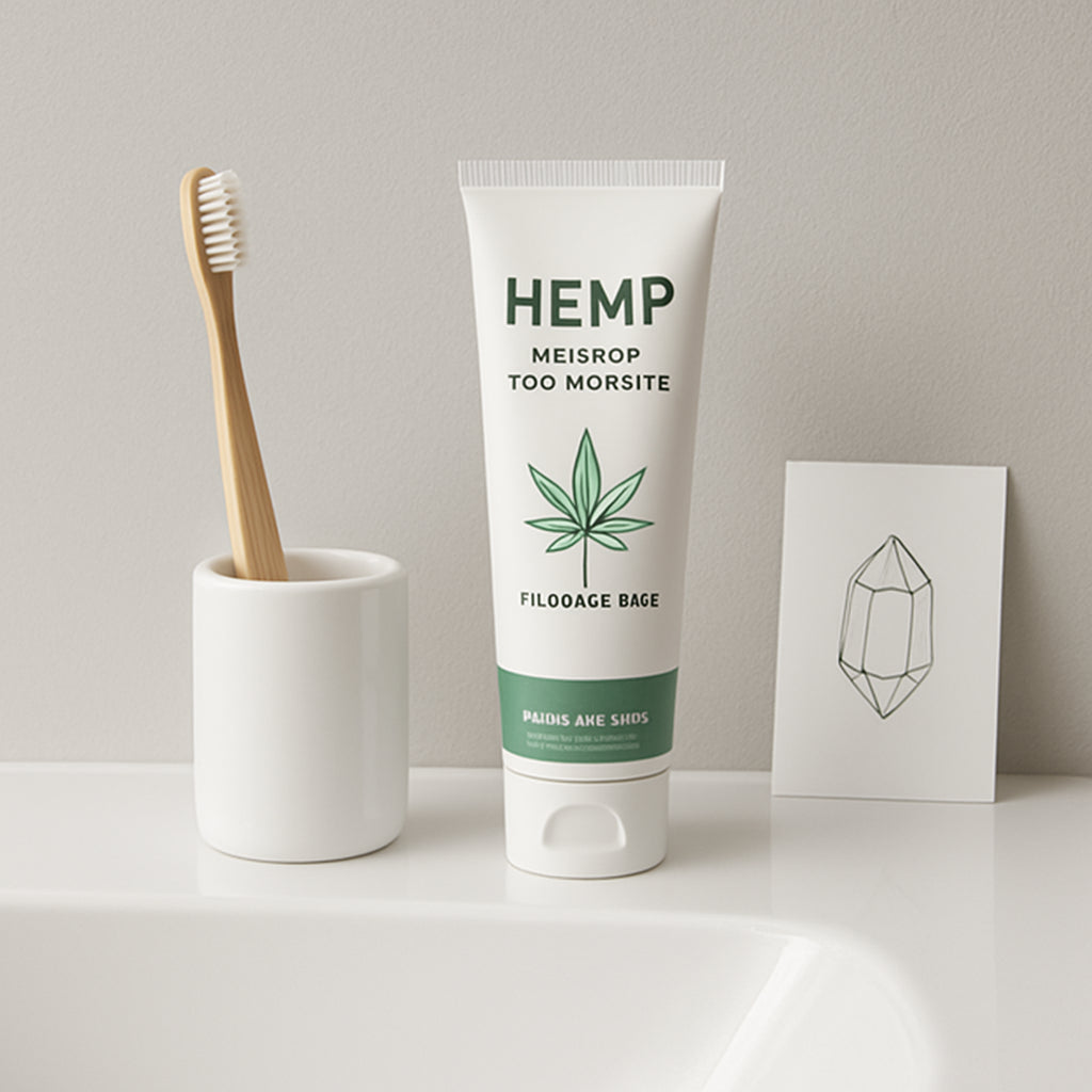 A clean, modern bathroom sink with a toothbrush, a tube of hemp‑infused toothpaste, and a small mineral crystal illustration. Alt: Fluoride‑free toothpaste ingredients and benefits visual guide.