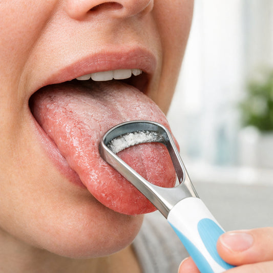 A realistic close‑up of a person using a tongue scraper in a bright bathroom, showing the tongue surface and scraper tip, high detail, soft lighting. Alt: tongue scraping technique illustration