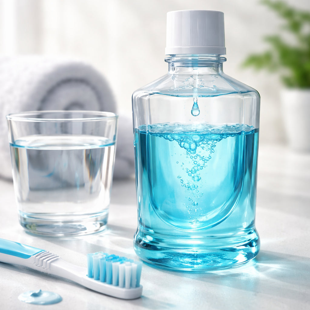 A photorealistic close‑up of a clear mouthwash bottle next to a toothbrush and a cup of water, showing a drop of liquid swirling, soft natural lighting, emphasizing healthy gums and plaque removal.