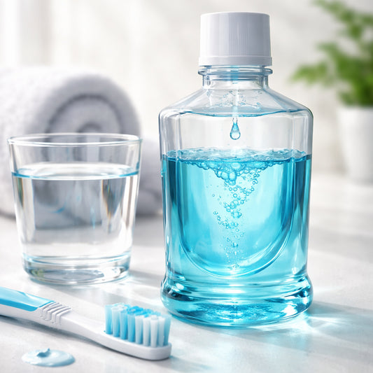 A photorealistic close‑up of a clear mouthwash bottle next to a toothbrush and a cup of water, showing a drop of liquid swirling, soft natural lighting, emphasizing healthy gums and plaque removal.