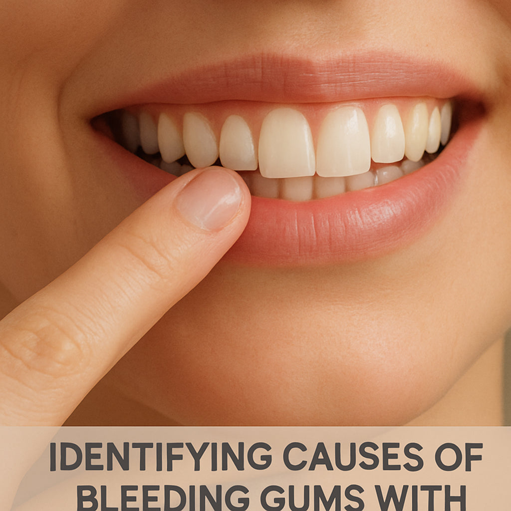 A close‑up of a hand gently massaging gum line with a damp fingertip, showing healthy pink gums and a relaxed expression. Alt: Identifying causes of bleeding gums with natural care