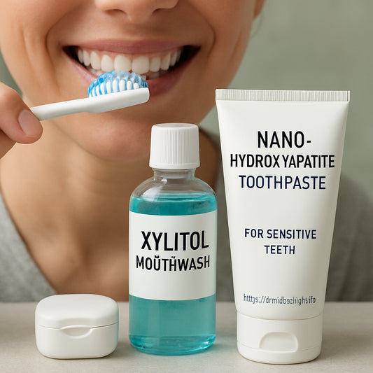 A person brushing with nano-hydroxyapatite toothpaste, holding a small bottle of xylitol mouthwash, with a dental floss case nearby. Alt: Combining hydroxyapatite toothpaste with mouthwash and floss for sensitive teeth.