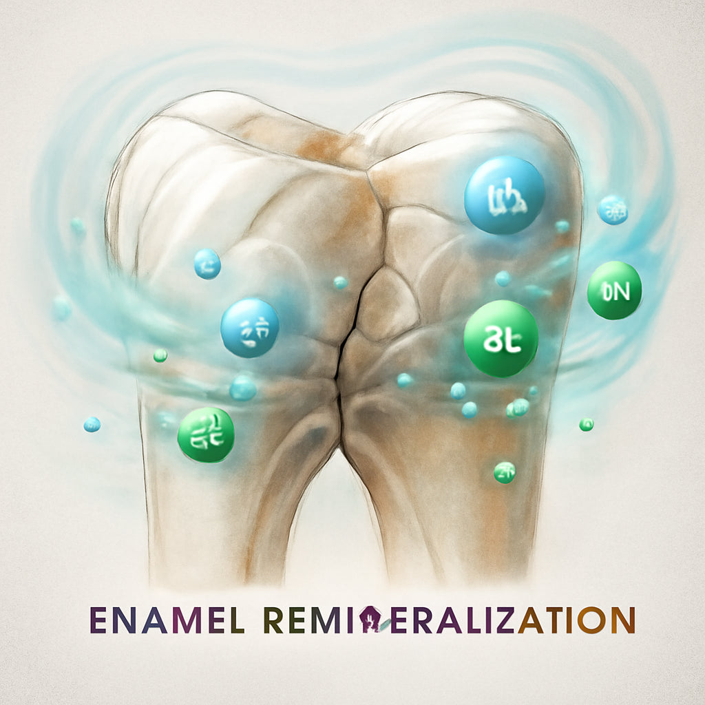 A close‑up illustration of tooth enamel with mineral ions diffusing into cracks, surrounded by a gentle swirl of sea‑salt calcium, magnesium, and CBD molecules. Alt: Enamel remineralization process illustration.