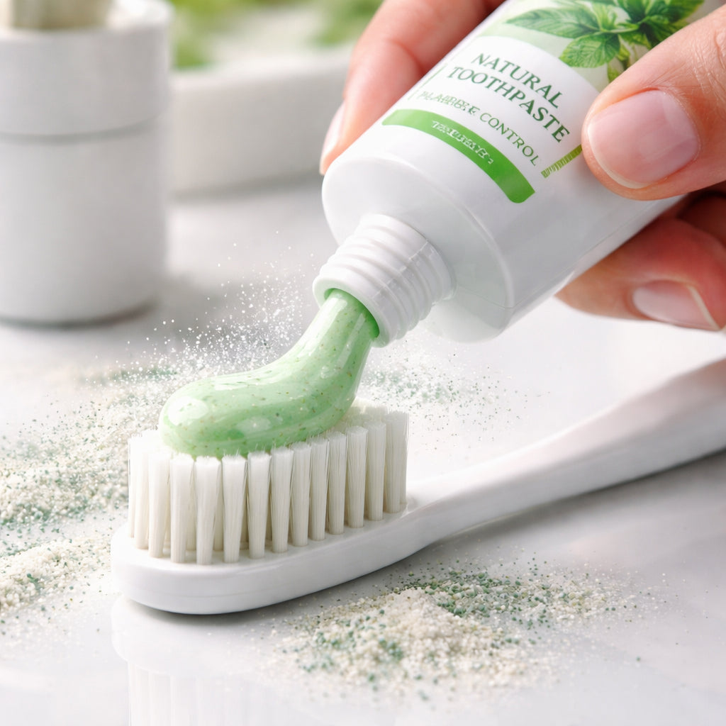 A photorealistic close‑up of a hand squeezing a natural toothpaste onto a soft toothbrush, with a subtle splash of mineral powder visible, set on a clean white bathroom counter. Alt: Toothpaste for plaque control in realistic style.