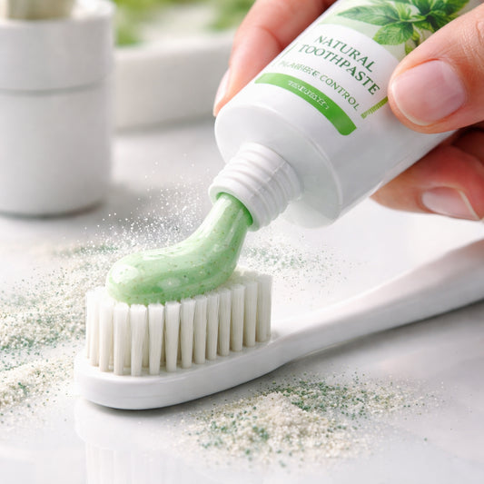 A photorealistic close‑up of a hand squeezing a natural toothpaste onto a soft toothbrush, with a subtle splash of mineral powder visible, set on a clean white bathroom counter. Alt: Toothpaste for plaque control in realistic style.