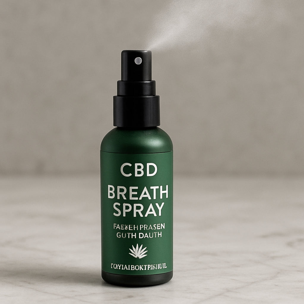 A sleek bottle of CBD breath spray on a marble countertop, with a soft mist visible, highlighting the product’s modern design and natural ingredients. Alt: CBD breath spray for fresh breath and gum health.