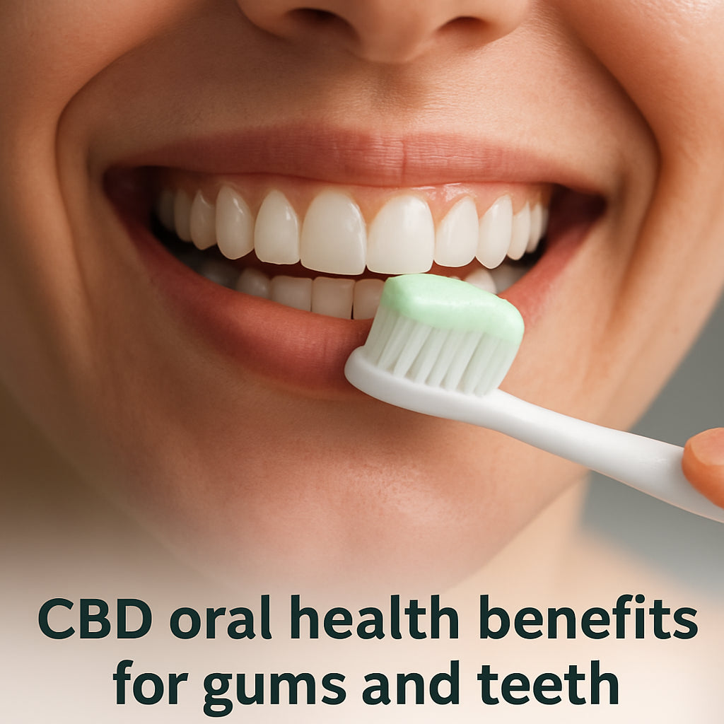 A close‑up of a smiling person gently brushing their gums with a CBD‑infused toothpaste, bright light highlighting healthy gum tissue. Alt: CBD oral health benefits for gums and teeth