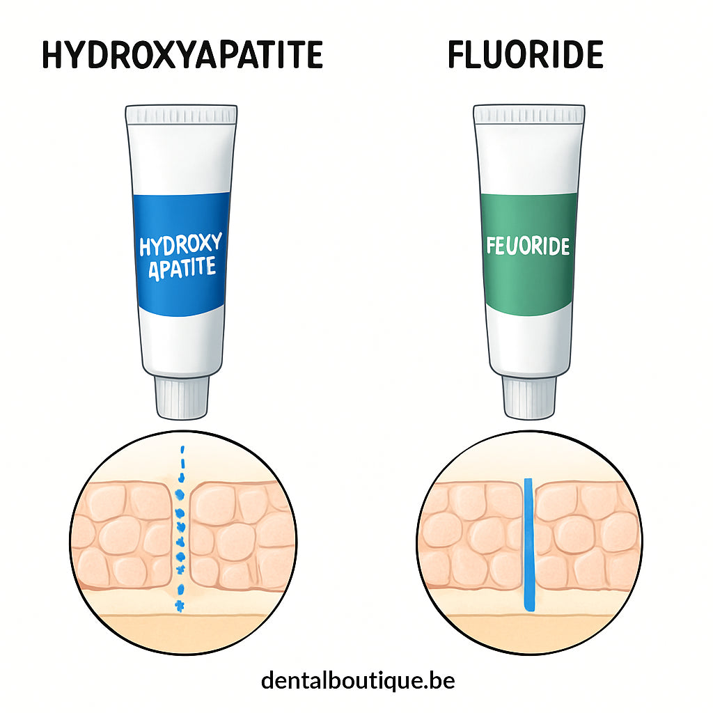 A side‑by‑side illustration of hydroxyapatite and fluoride toothpaste tubes with microscopic enamel cross‑section diagrams, showing the different penetration depths. Alt: Hydroxyapatite vs fluoride toothpaste comparison diagram
