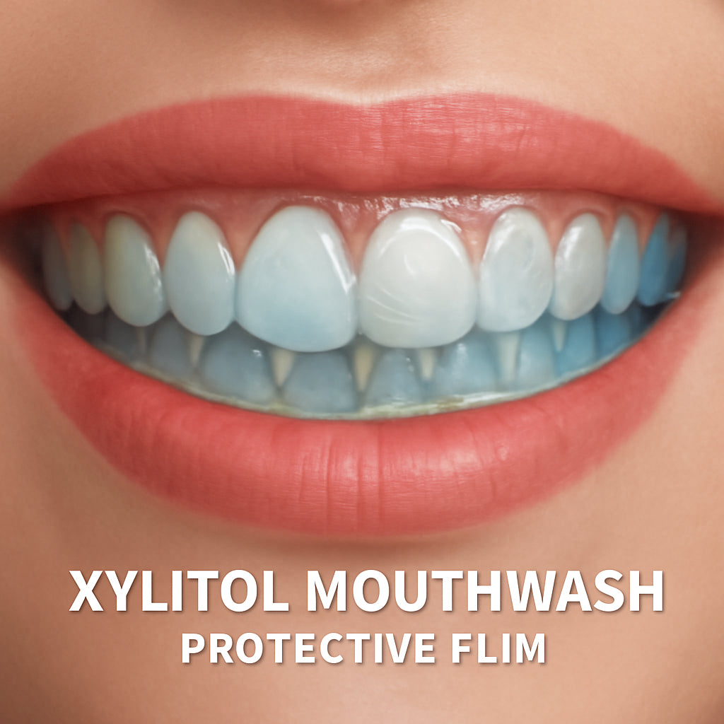 A close‑up illustration of a mouth with a translucent film covering the enamel surface, highlighting the gentle action of xylitol. Alt: Xylitol mouthwash protective film illustration