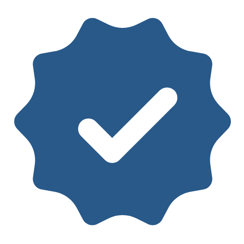 Dark blue badge with a wavy border, featuring a prominent check mark symbol in the center.